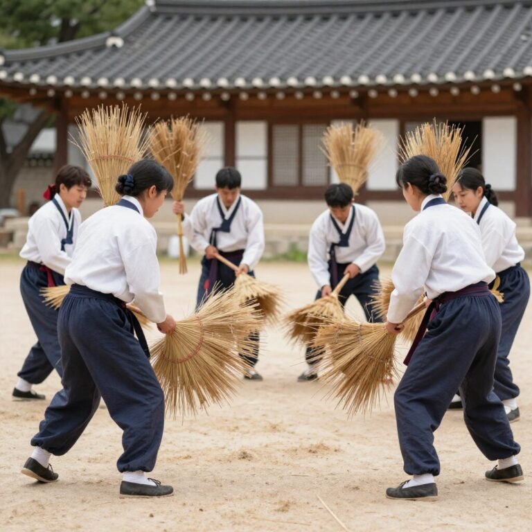 광주 고싸움놀이 시연 모습 양팀이 볏짚으로 만든 고를 들고 마주보고 있음