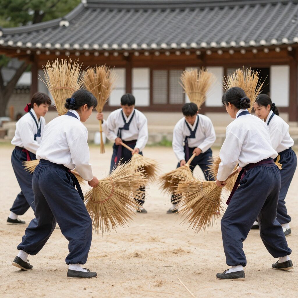 광주 고싸움놀이축제 전통과 화려한 불꽃이 만나는 2월의 대표 축제 광주 고싸움놀이 시연 모습 양팀이 볏짚으로 만든 고를 들고 마주보고 있음