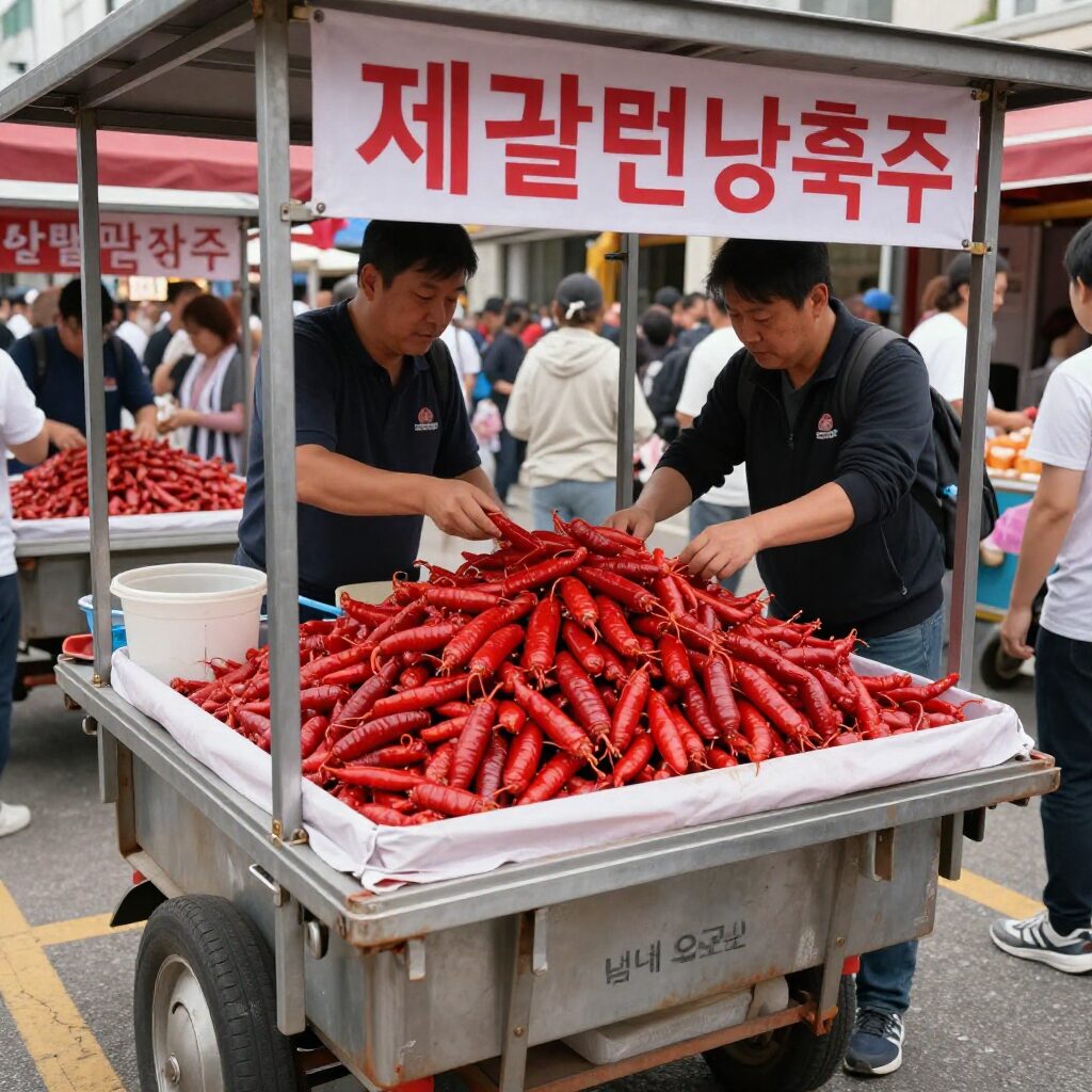 매콤한 빨간오뎅이 걸린 포장마차와 북적이는 제천 빨간오뎅 축제 장면