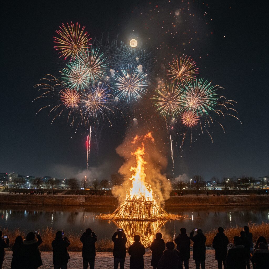 밤하늘을 수놓는 불꽃과 함께 타오르는 달집, 춘천 달맞이축제 달집태우기 장면