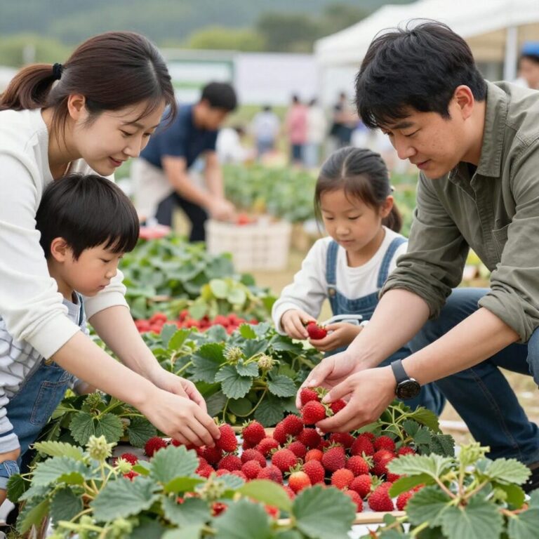완주 삼례 딸기대축제에서 가족이 함께 딸기 수확 체험을 즐기는 모습