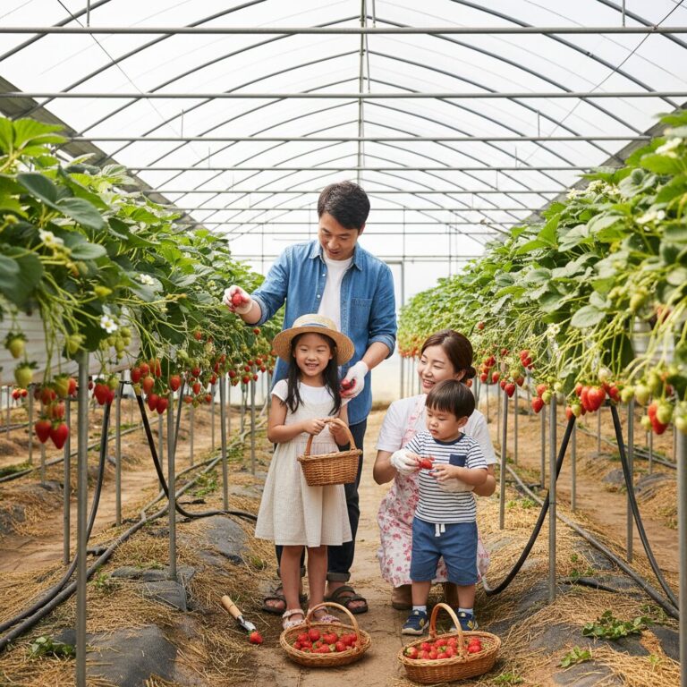초록색 하우스 안에서 가족이 함께 딸기를 따는 모습