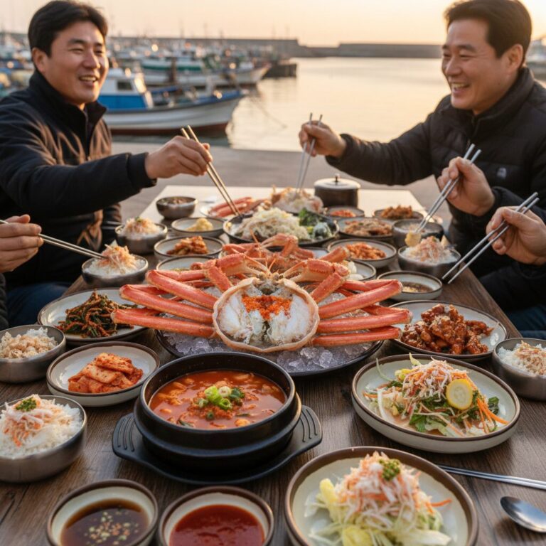 울진 후포항에서 제공되는 신선한 붉은대게 요리 상차림
