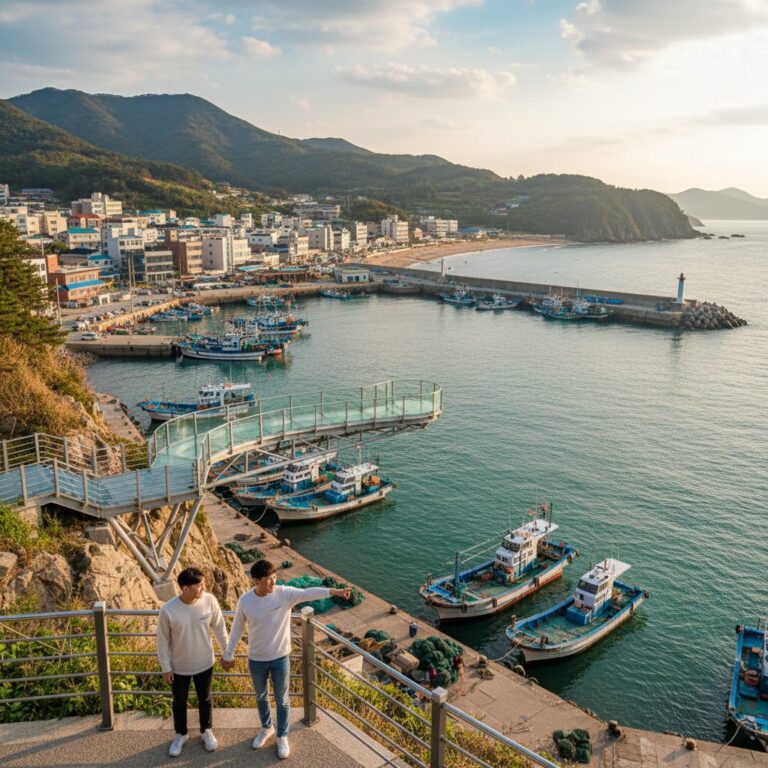 울진 후포항에서 바라본 등기산 스카이워크와 항구 전경