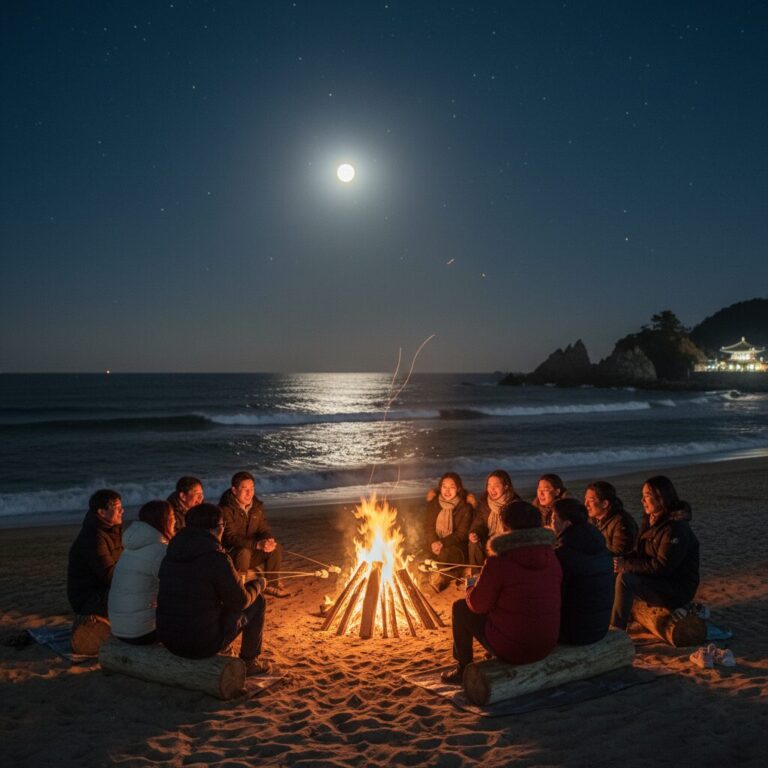 겨울 밤바다와 모닥불, 그리고 달빛 아래 사람들이 모여 앉아 있는 낭만적인 양양 낙산해변 달빛 모닥불축제 현장