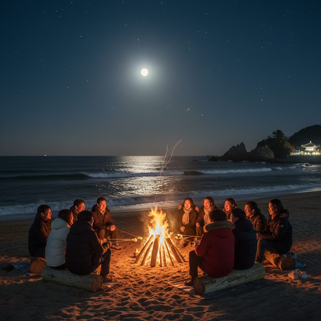 양양 낙산해변 달빛 모닥불축제 예약과 완벽한 즐기기 겨울 밤바다와 모닥불, 그리고 달빛 아래 사람들이 모여 앉아 있는 낭만적인 양양 낙산해변 달빛 모닥불축제 현장