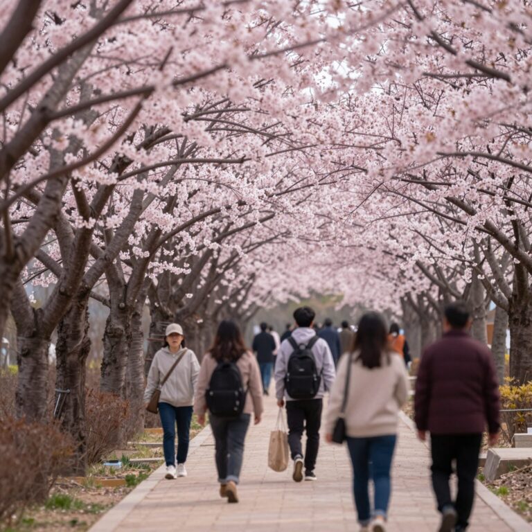보은 보청천 벚꽃길의 긴 분홍색 터널과 산책하는 사람들