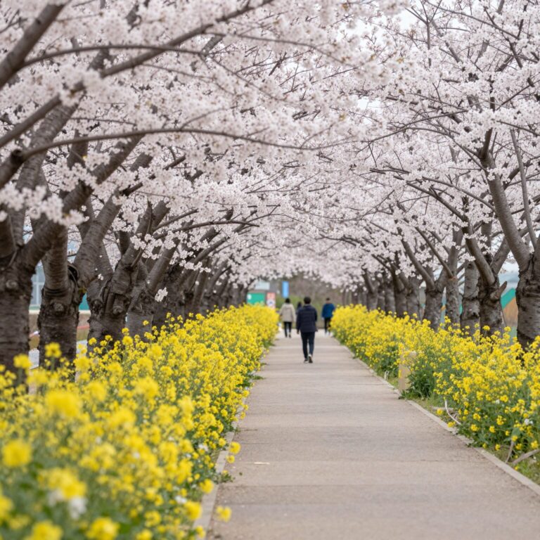 부산 강서 낙동강 30리 벚꽃길의 벚꽃 터널과 유채꽃밭 풍경