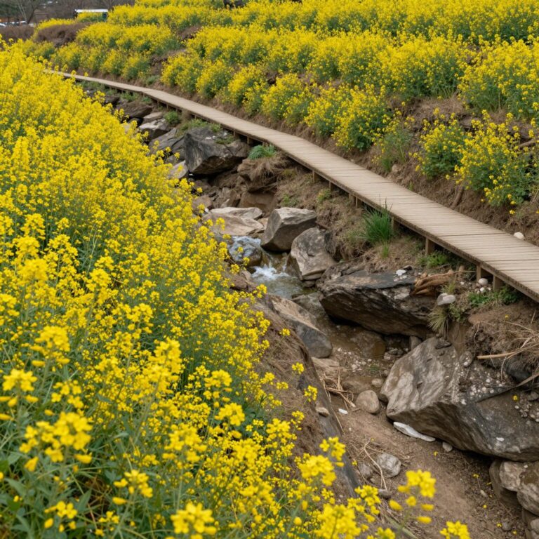 엉덩물계곡의 계곡을 따라 층층이 피어난 노란 유채꽃과 데크길