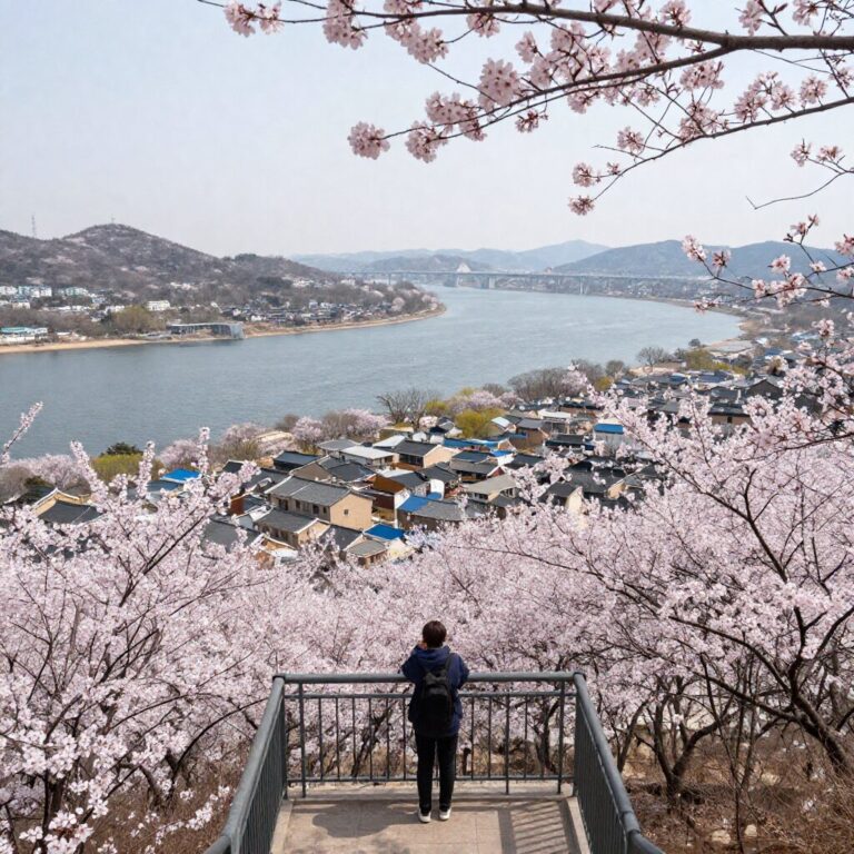 광양 매화축제 전망대 정자에서 바라본 매화마을과 섬진강 풍경