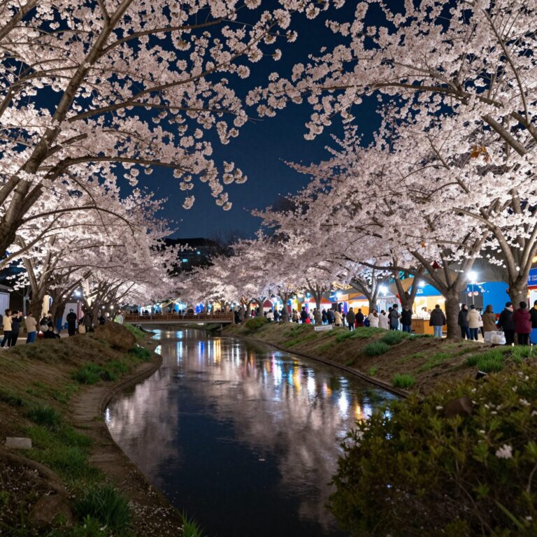 밤에 조명을 받아 빛나는 군산 은파호수공원 벚꽃나무와 야시장 풍경