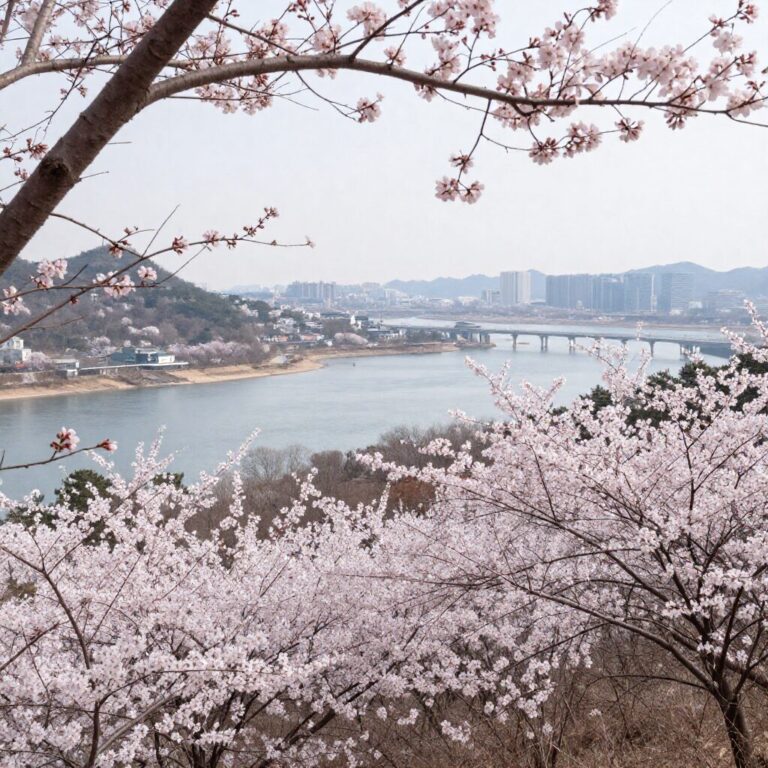 광양 매화마을 전망대에서 바라본 섬진강과 매화나무 풍경