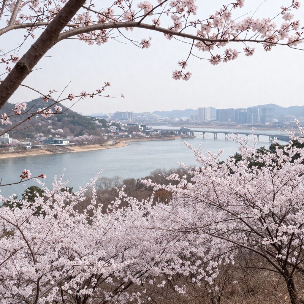 광양 매화마을 전망대에서 바라본 섬진강과 매화나무 풍경