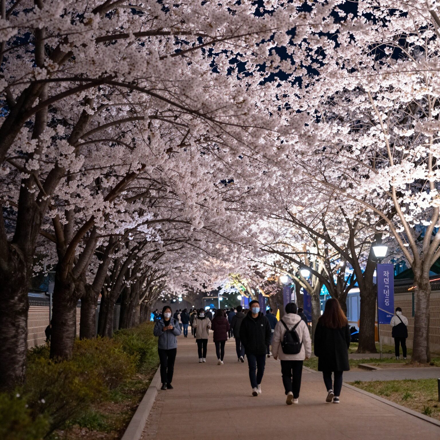 경주 대릉원 돌담길 벚꽃 축제 야간 조명이 비친 벚꽃 터널과 사람들