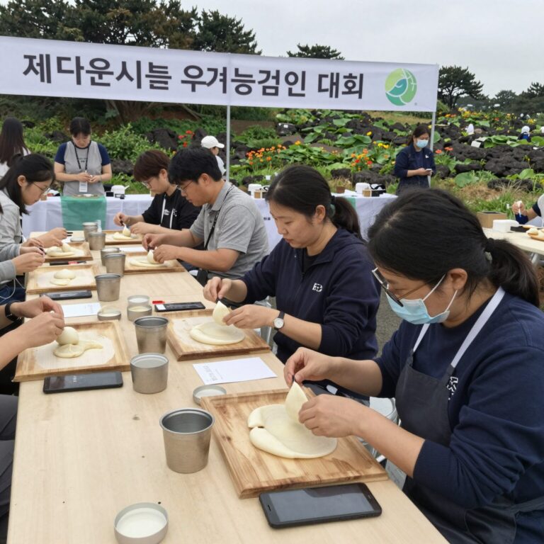 제주 새별오름에서 열리는 농업인 대회의 문화 체험 부스 모습, 오메기떡 만들기 체험 중인 모습