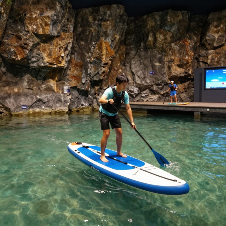 인천 송도 컨벤시아에서 열리는 해양레저관광 박람회의 실내 수상 레저 체험관에서 패들보드를 타는 모습