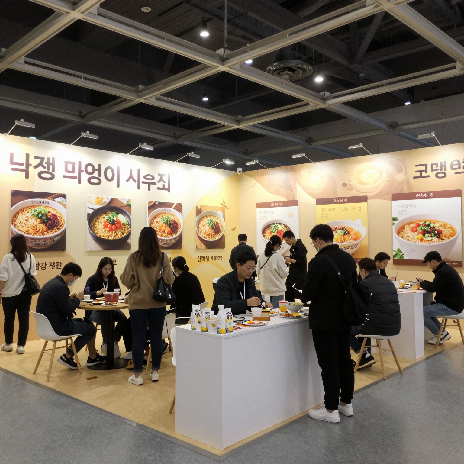 넓은 코엑스 전시장 내 다양한 라면 브랜드 부스와 시식하는 사람들 컨셉 이미지