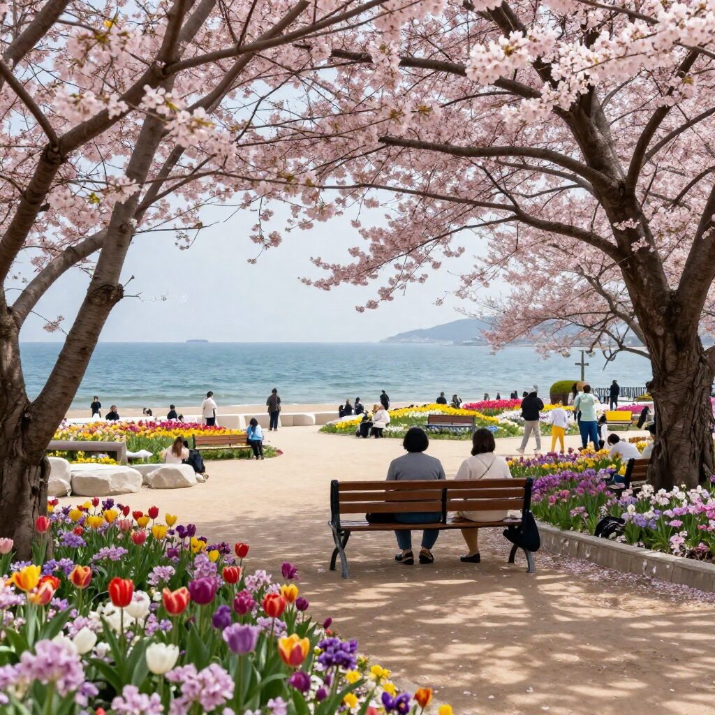 서천 동백꽃 숲과 바다가 보이는 축제장 전경