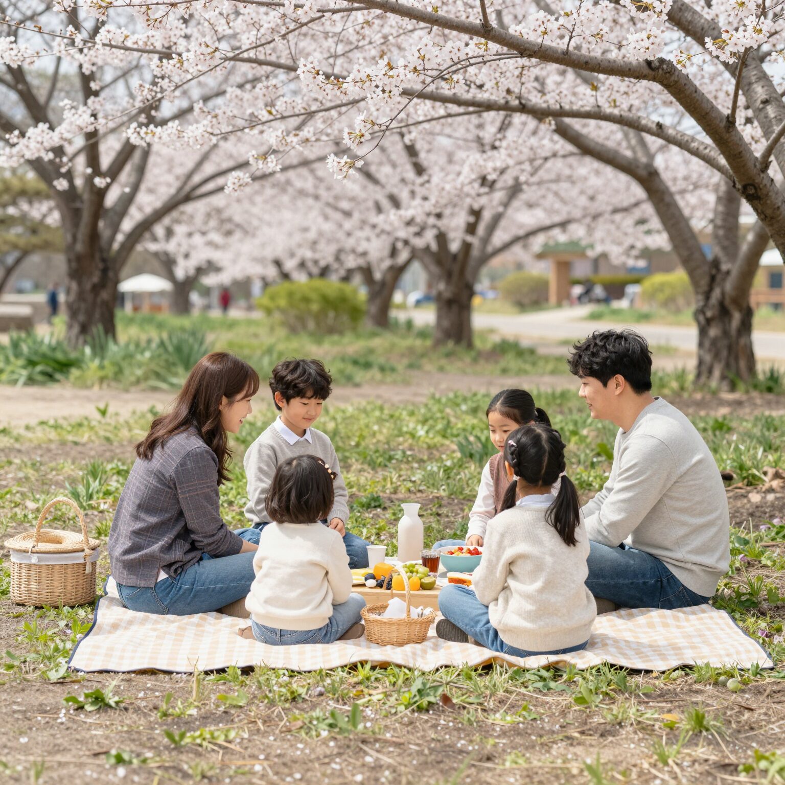 봄 축제에서 가족과 연인이 돗자리를 펴고 피크닉을 즐기는 모습