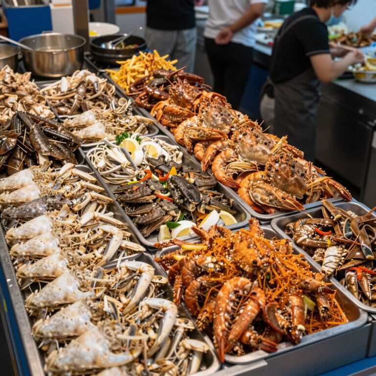 영덕대게축제 푸드존에서 제공되는 다양한 대게 요리들이 진열된 모습