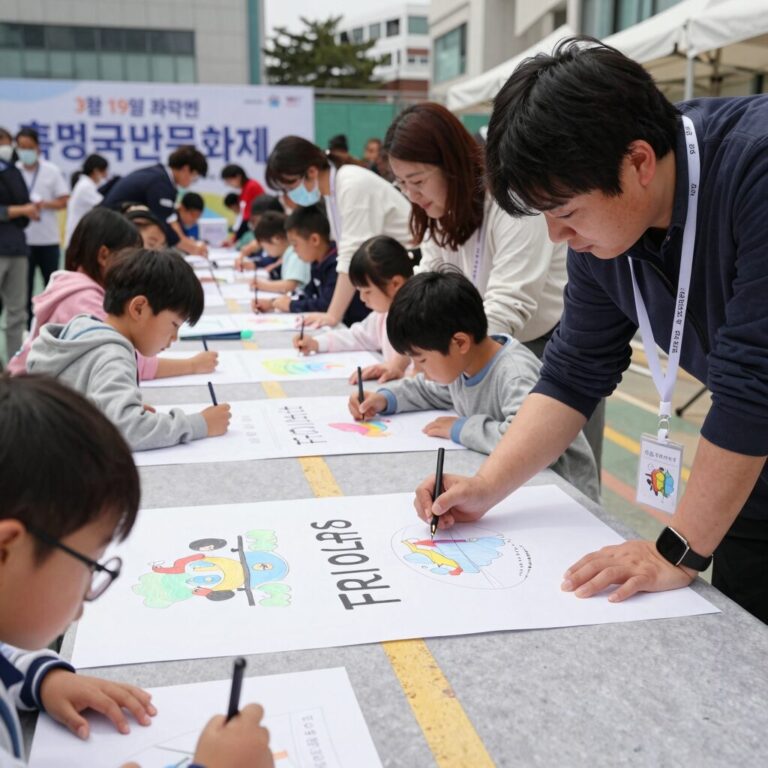4월 19일 혁명국민문화제 시민 낙서장에서 어린이와 성인이 함께 분필로 도로에 그림을 그리고 글을 쓰고 있다