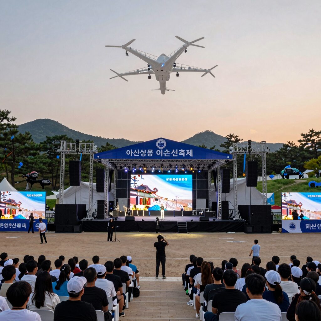 아산 성웅 이순신축제 온양온천역 광장 메인 무대와 드론쇼 준비 모습