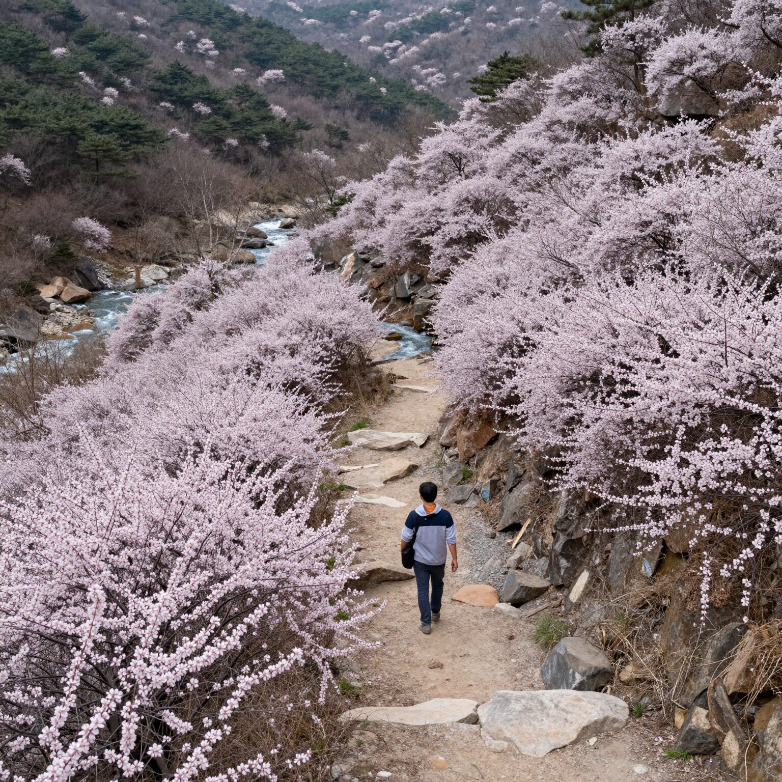 비슬산 등산로에서 바라본 참꽃 군락지와 계곡 풍경