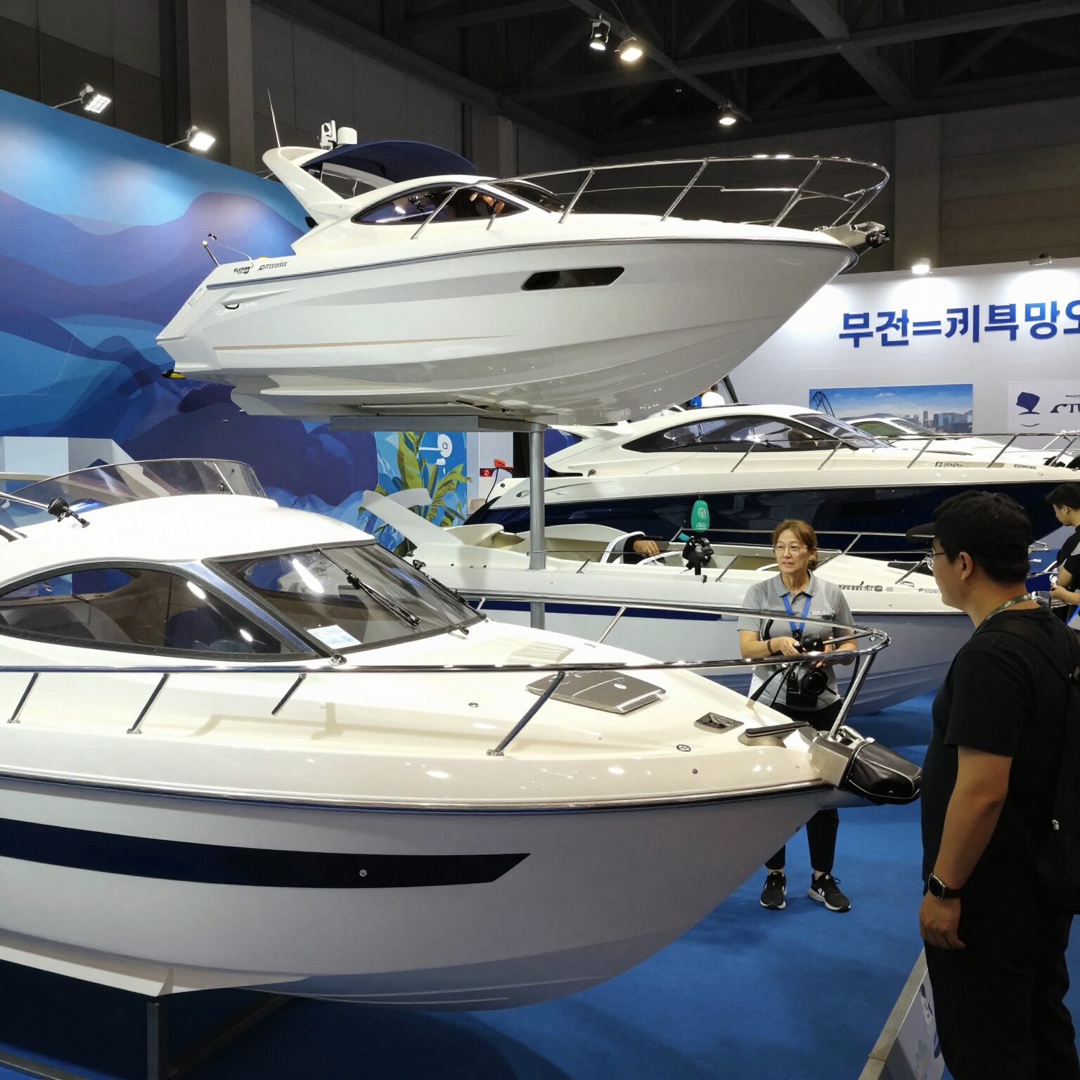 부산국제보트쇼에서 다양한 보트와 요트가 전시되고 관람객들이 구경하는 모습