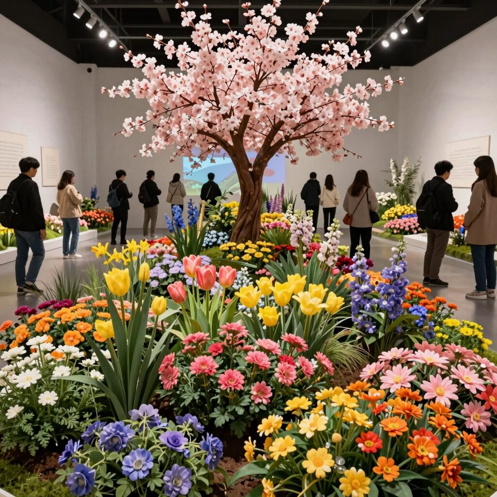 부산 봄꽃 전시회에서 다양한 꽃으로 장식된 화단과 조형물을 배경으로 사람들이 구경하는 모습