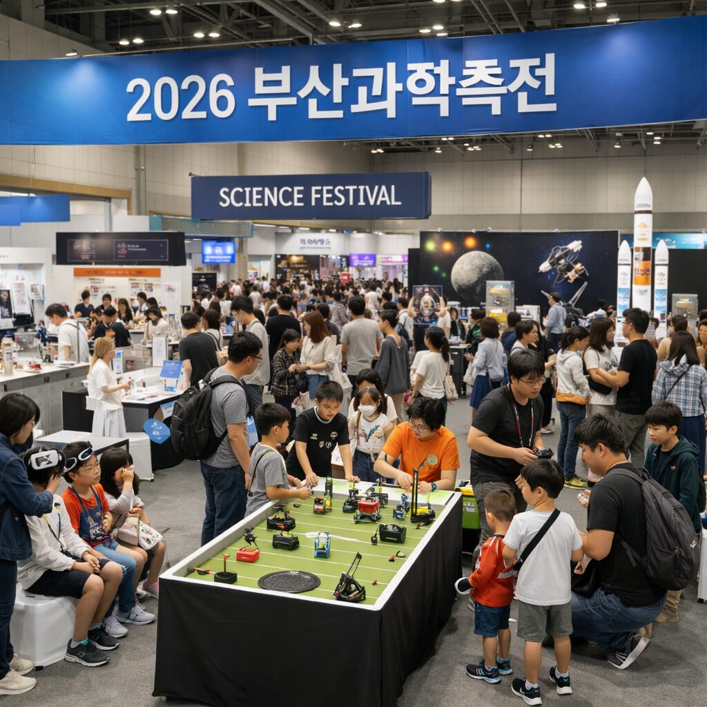 2026 부산과학축전 벡스코 전시장 내 다양한 과학 체험 부스와 관람객들