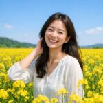 부여 유채꽃밭에서 웃으며 사진을 찍는 젊은 여성, 배경은 노란 유채꽃과 푸른 하늘
