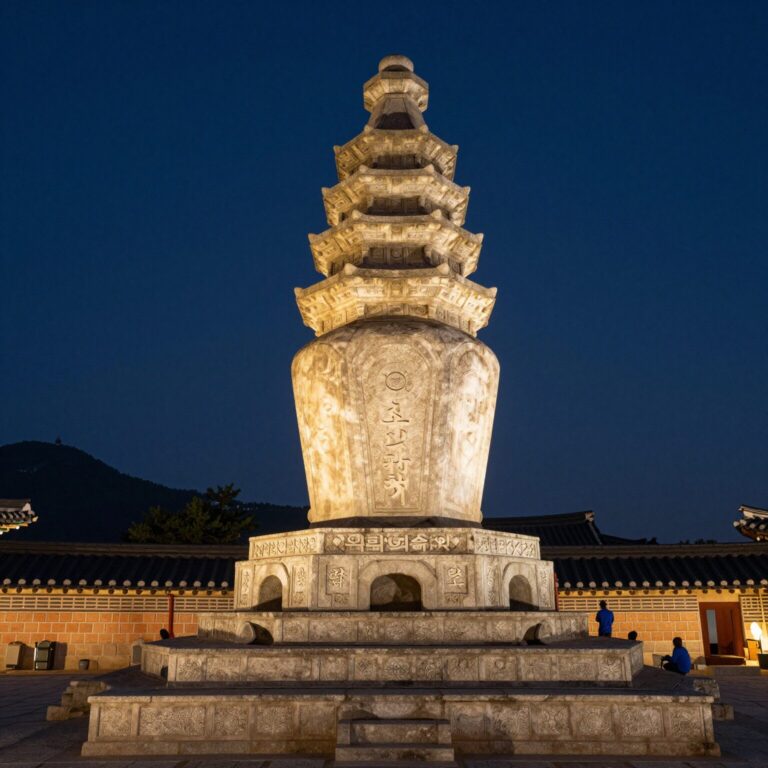 2026년 부여 국가유산 야행에서 빛으로 화려하게 장식된 정림사지 오층석탑 야경 사진