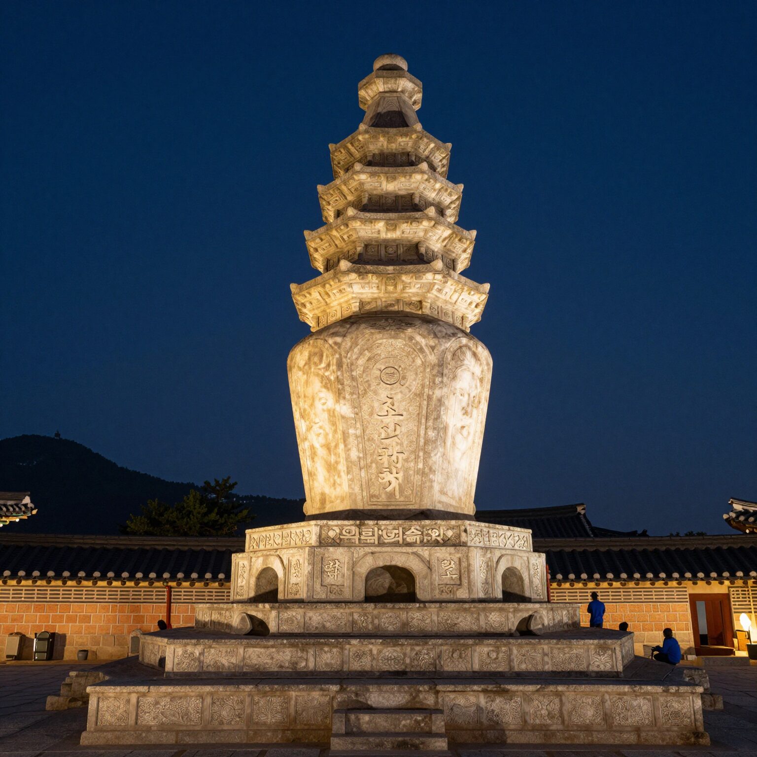 2026년 부여 국가유산 야행에서 빛으로 화려하게 장식된 정림사지 오층석탑 야경 사진