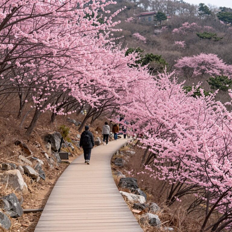 불암산 철쭉동산의 진분홍빛 철쭉 군락과 데크길 산책로 풍경