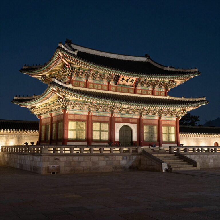 덕수궁 석조전 야간 조명이 비친 웅장한 외관과 테라스