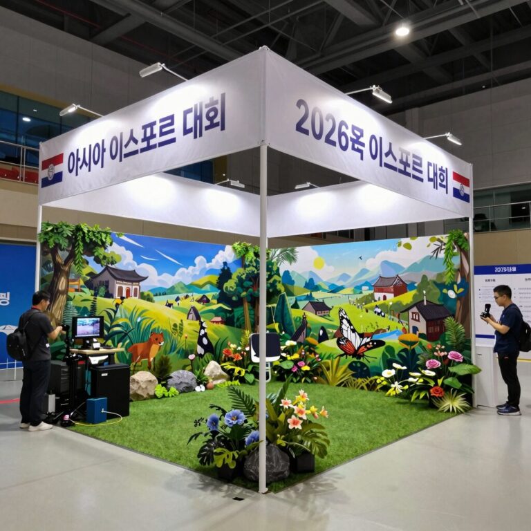 2026 아시아 이스포츠 대회 팬존과 체험 부스가 설치된 진주실내체육관 로비 내부 모습