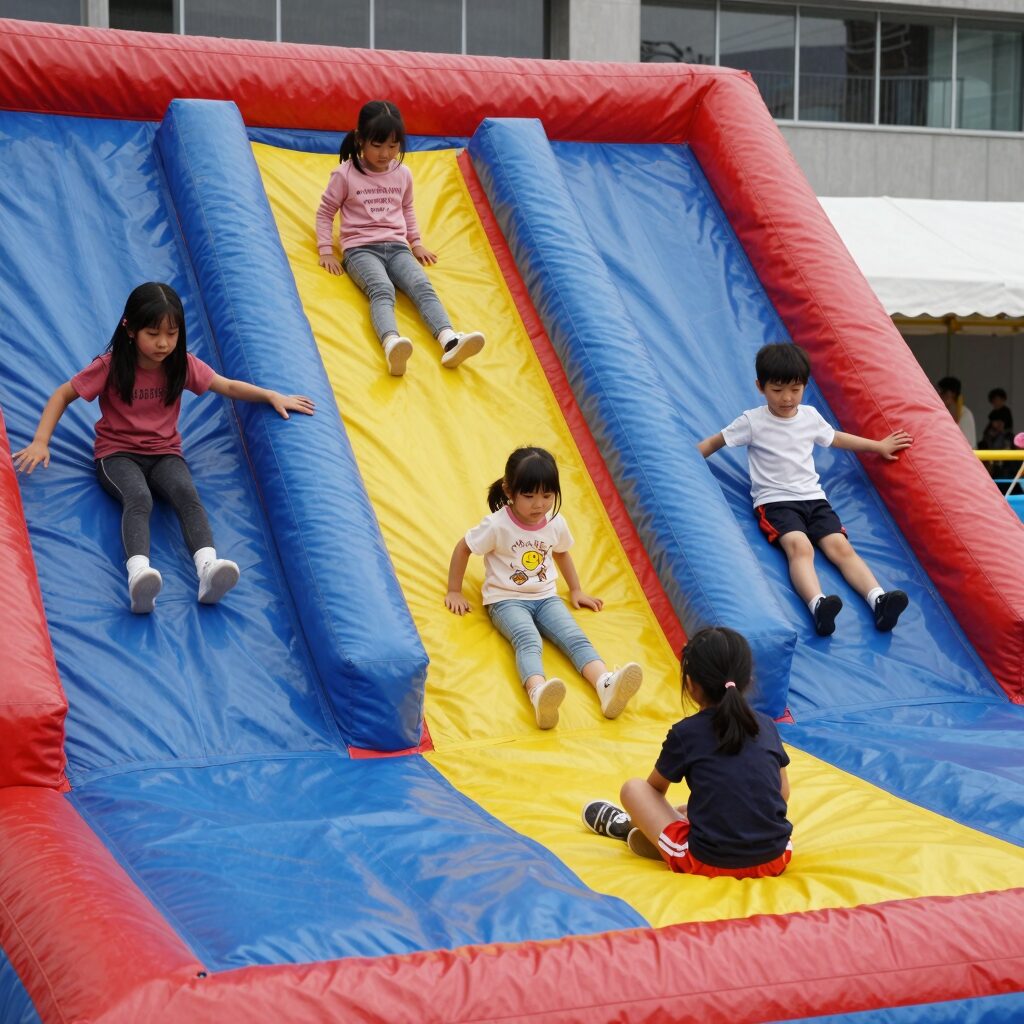 동행축제에서 아이들이 에어바운스 미끄럼틀에서 즐겁게 놀고 있는 모습