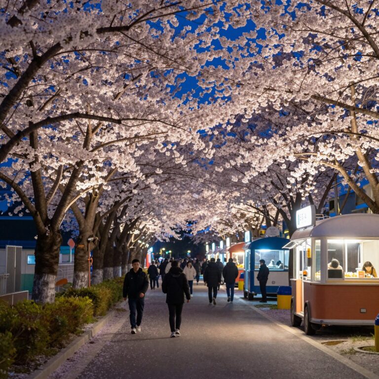 강릉 경포벚꽃축제 야간 조명이 비친 벚꽃 터널과 푸드트럭