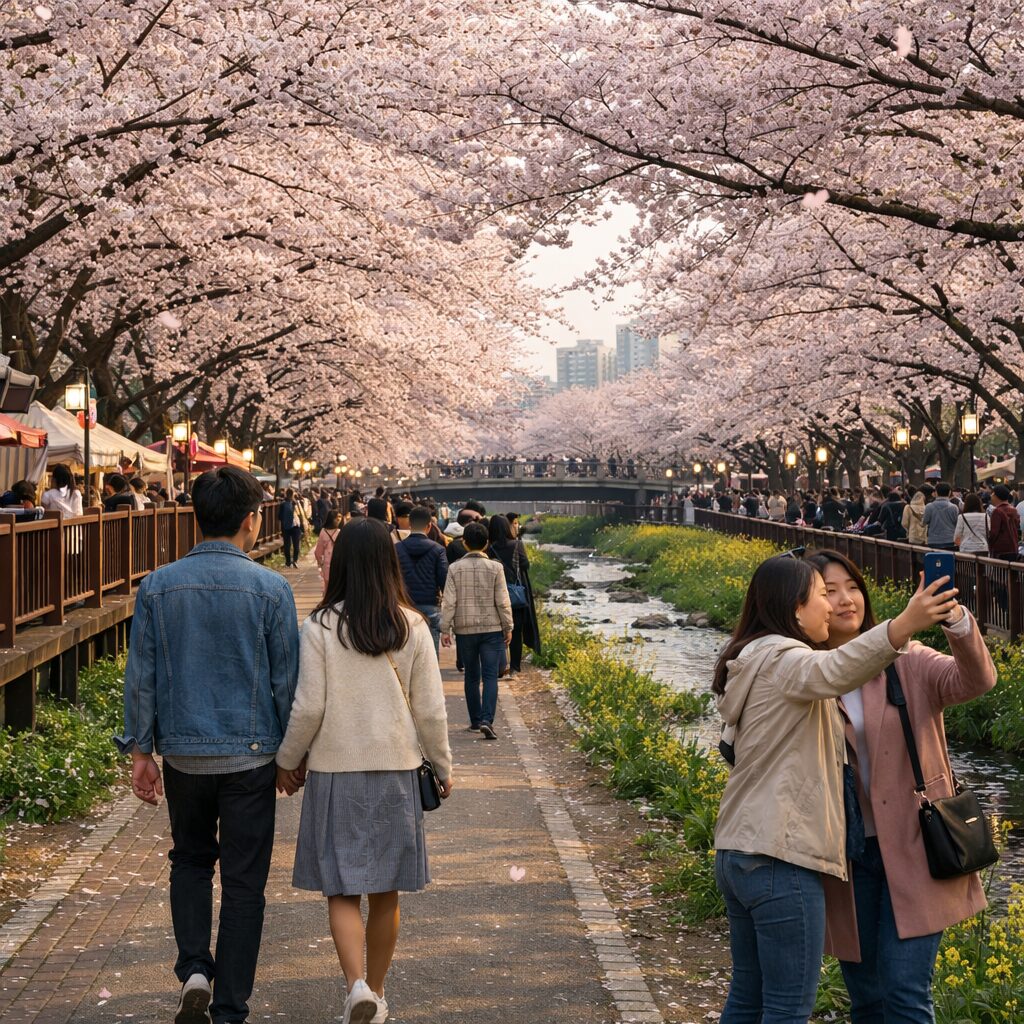 김포 계양천 벚꽃축제 핑크빛 벚꽃 터널과 산책로 풍경