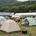 가평 자라섬 글로벌 아웃도어 캠핑페어 야외 전시장에 다양한 텐트와 캠핑 장비가 설치된 모습