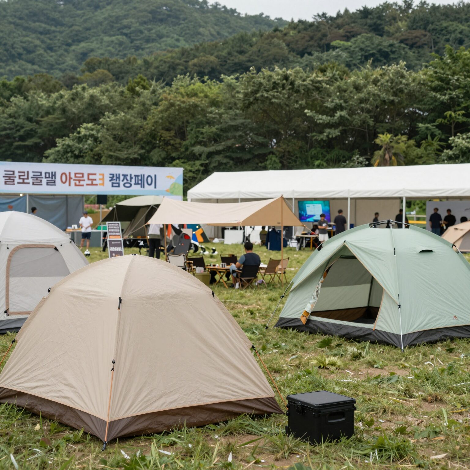 가평 자라섬 글로벌 아웃도어 캠핑페어 야외 전시장에 다양한 텐트와 캠핑 장비가 설치된 모습