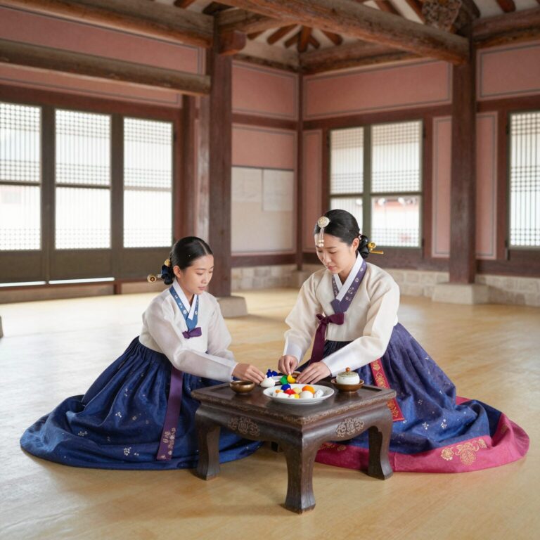 경복궁 생과방 내부 전경, 전통 한옥 인테리어와 다과가 준비된 테이블