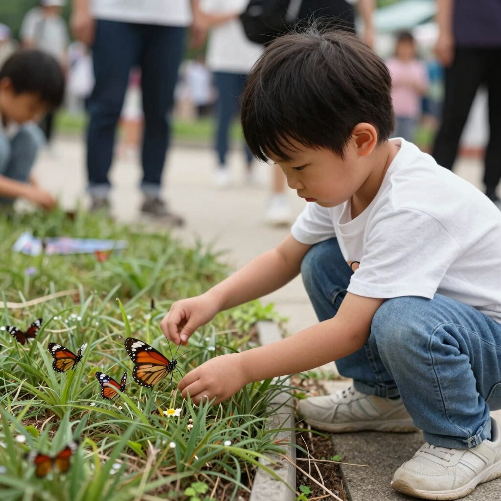 함평 나비대축제에서 아이가 나비 날리기 체험을 즐기는 모습