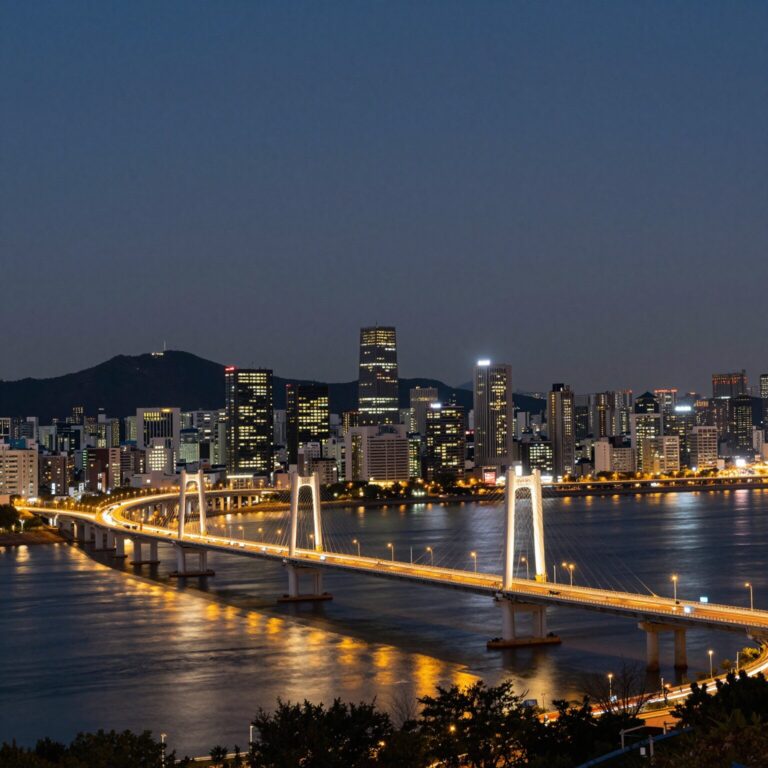 한강 밤하늘 아래 반짝이는 서울 도심 야경과 다리 조명