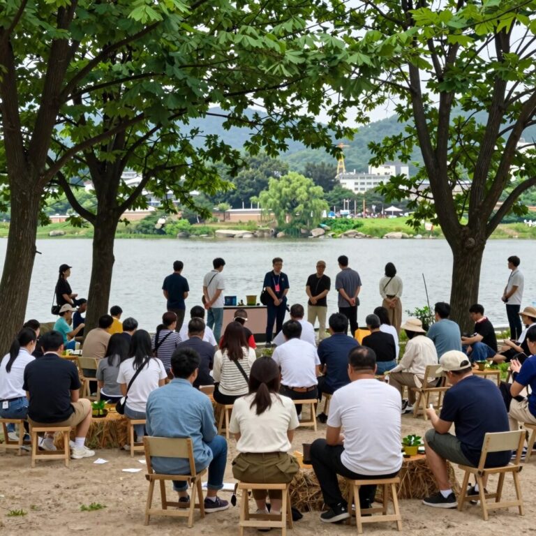 도시산림공원 토리숲에서 열리는 홍천 산나물축제의 전경. 푸른 숲과 강변을 배경으로 펼쳐진 축제장이 아름답다.