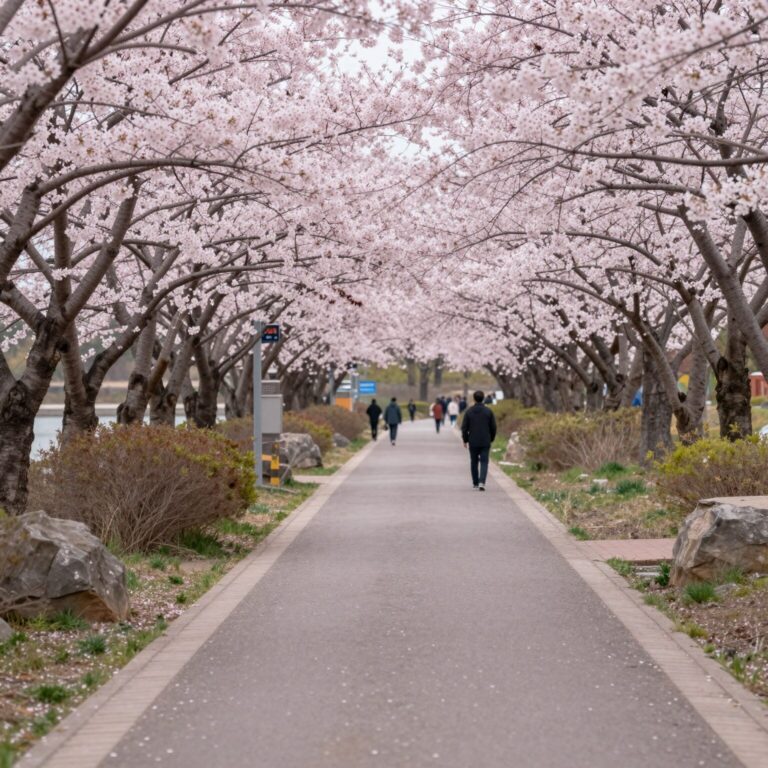 화순 세량제 벚꽃길의 아름다운 풍경, 분홍색 벚꽃 터널과 저수지가 조화를 이룬 모습