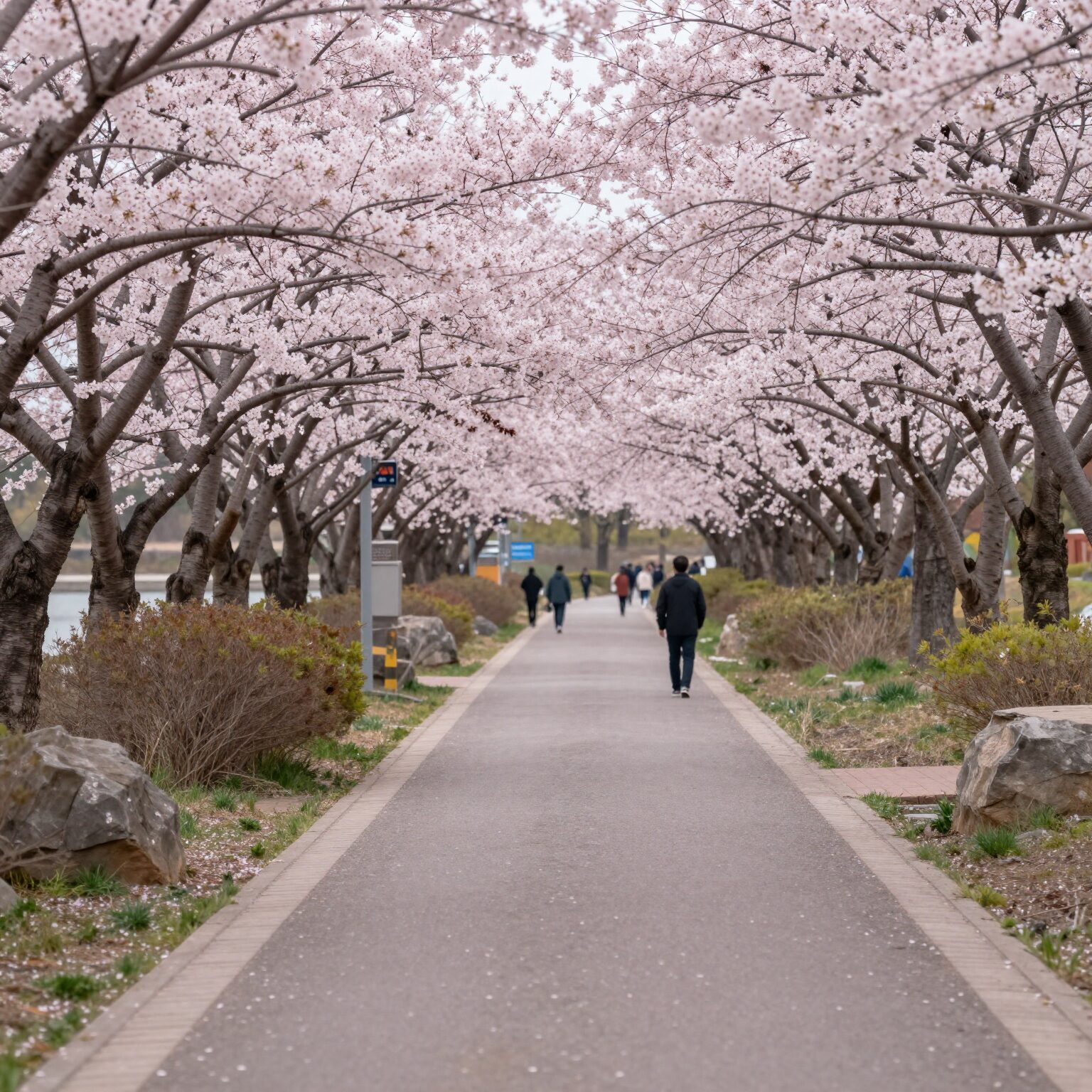 화순 세량제 벚꽃길의 아름다운 풍경, 분홍색 벚꽃 터널과 저수지가 조화를 이룬 모습