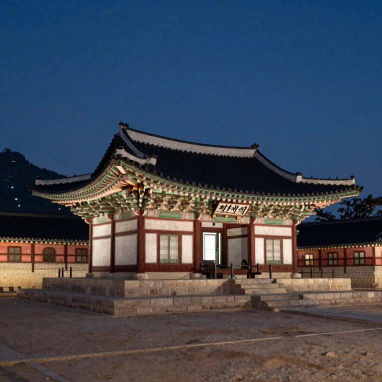 밤에 조명으로 환하게 빛나는 현충사 본전과 주변 건축물의 모습. 은은한 달빛 아래 고풍스러운 한국 전통 건축물이 더욱 아름답게 보인다.