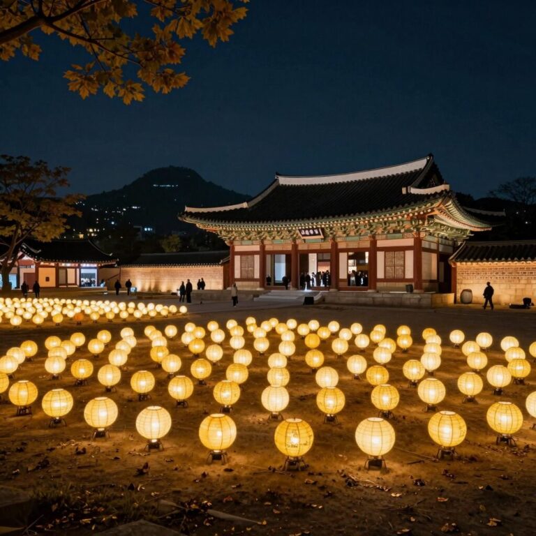 익산 왕궁리유적 야간 경관 조명과 풍등이 밤하늘을 수놓은 모습
