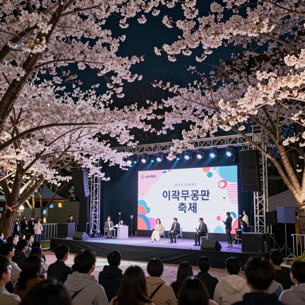 인천 자유공원 벚꽃축제 야간 무대와 벚꽃 조명 풍경